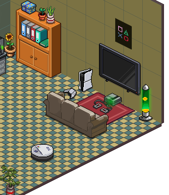 A bookcase, a wall-mounted TV, a sofa on a red rug with a console, a green lava lamp and a robot vacuum.