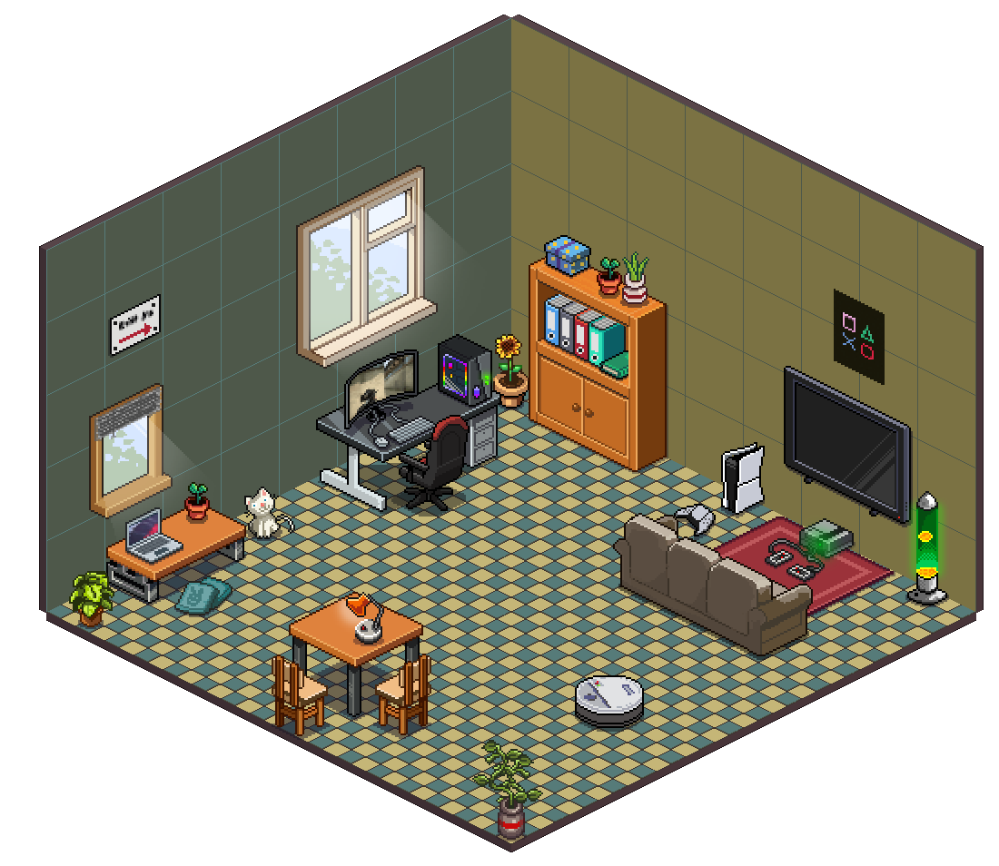 A furnished pixel room: a gaming desk under the window, an orange bookcase, a TV and sofa on a red rug, a small dining table and a white cat.